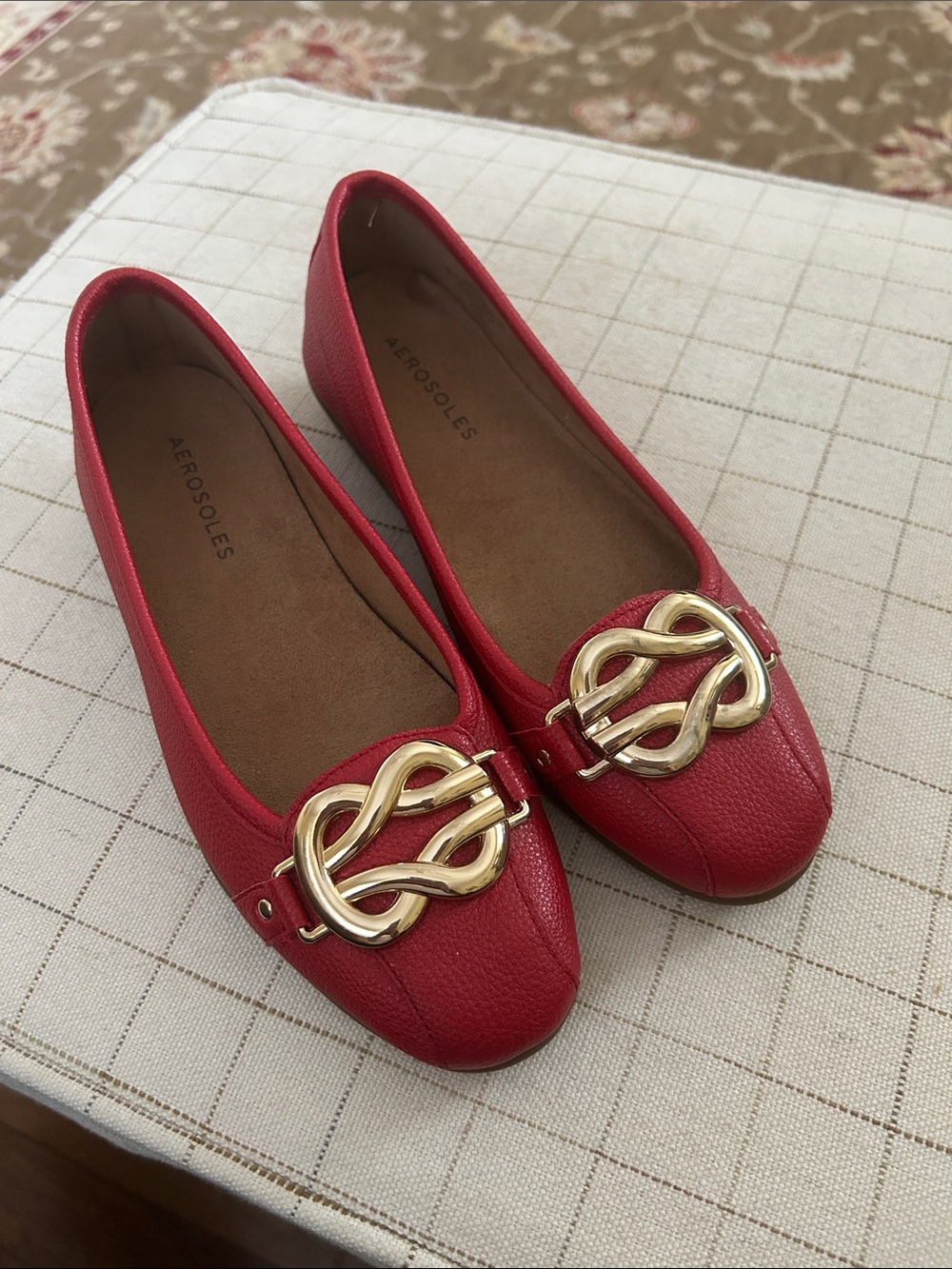 AEROSOLES Red Leather Slip-On Flats with Gold Link Accent